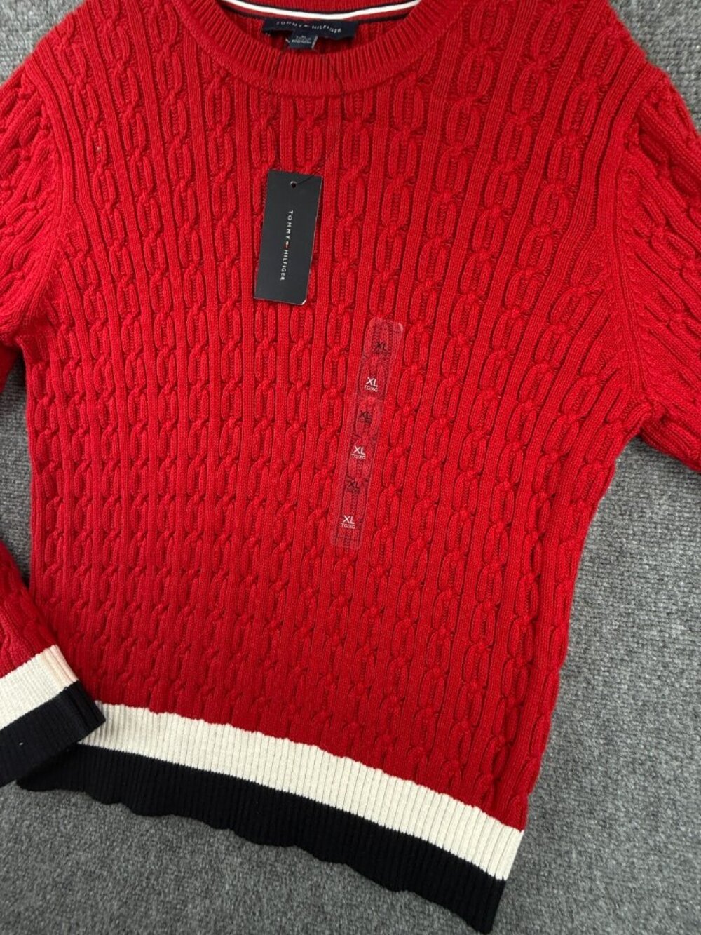 NWT Tommy Hilfiger Red Cable Knit Pullover Sweater $80 Women XL Preppy Blue Trim - Picture 3 of 13